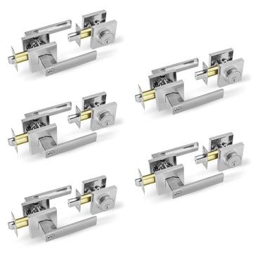 Entry Lever Door Locks with Deadbolt - Modern Square Exterior Front Door Handle and Single Cylinder Deadbolt(h Brush