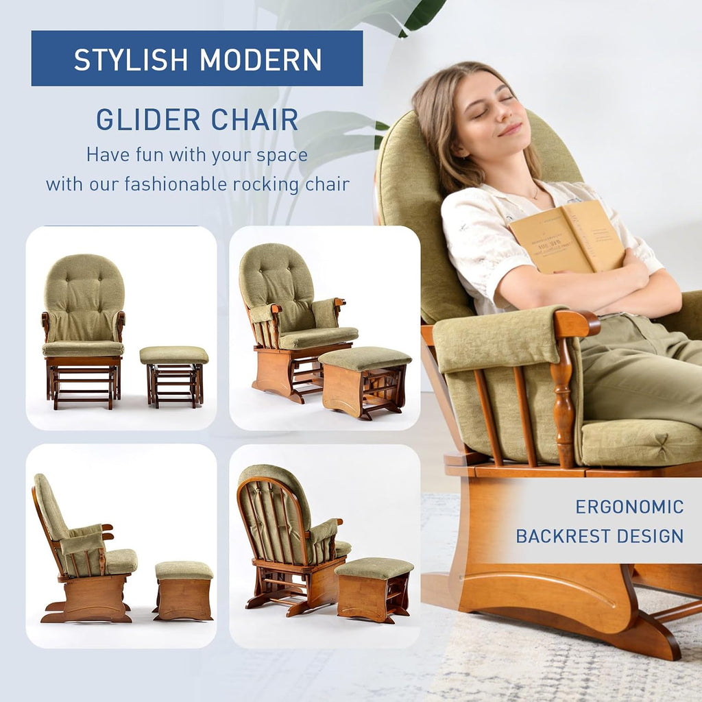 Glider Rocking Chair Nursery with Ottoman Smooth Rocking Motion, Easy to Assemble, Solid Hardwood Base Indoor