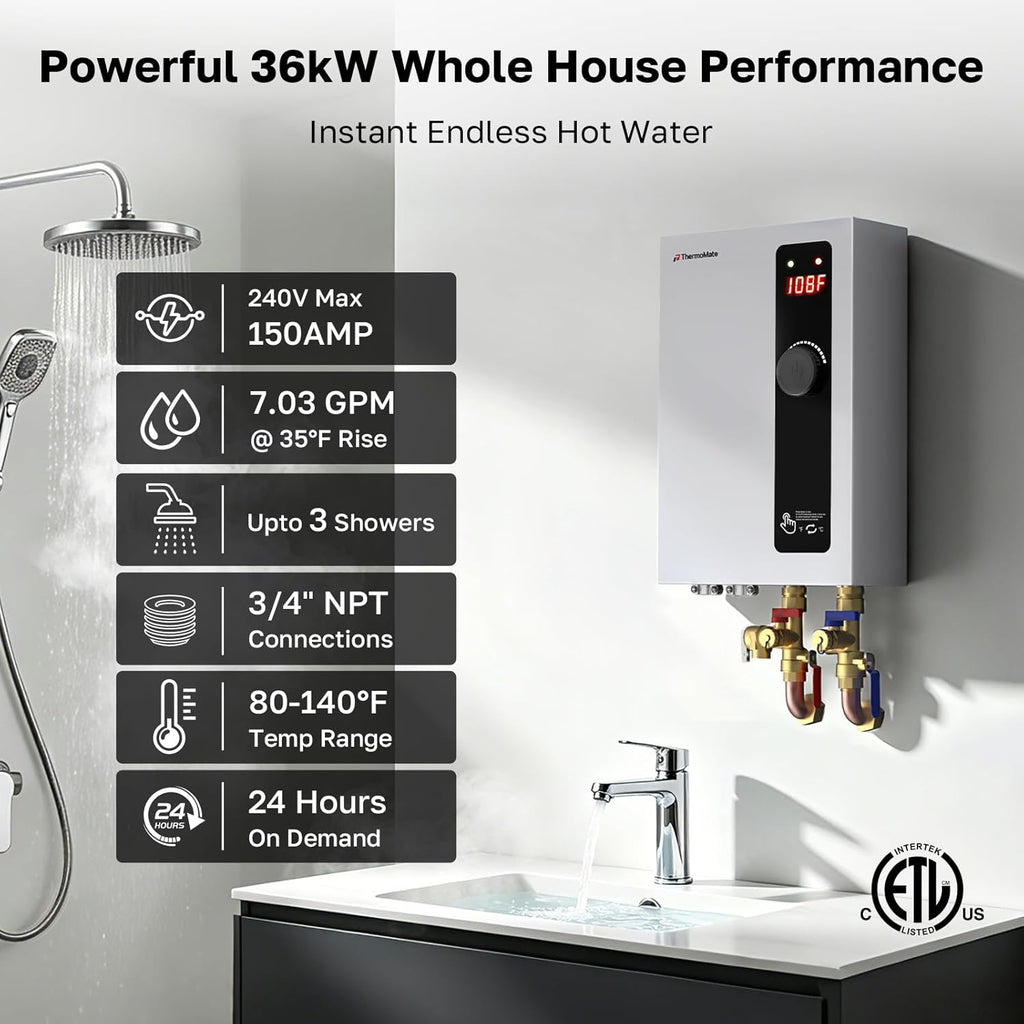 36kW Tankless Water Heater Electric, ThermoMate On Demand Instant Hot Water Heater 240 Volt