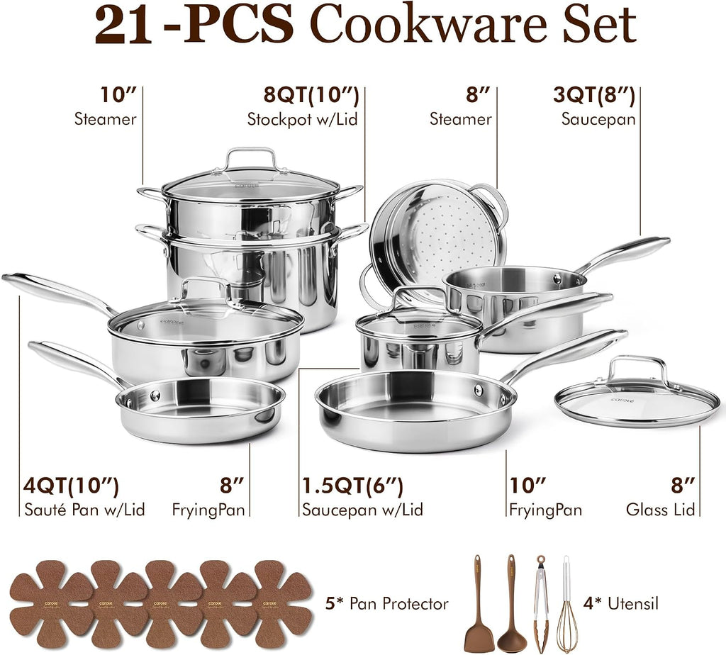 21pcs Tri-Ply Stainless Steel Cookware Set, Pots and Pans Set, Non Toxic Induction Kitchen Cooking Sets, Cookware