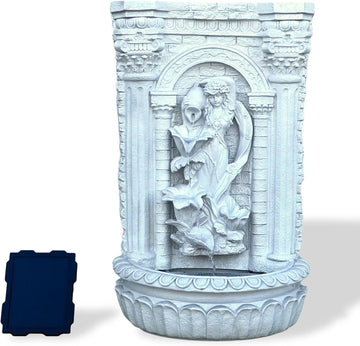 30.3" Solar-Powered Wall Mounted Water Fountain with Maiden & Floral Detail, Tiered Waterfall Design