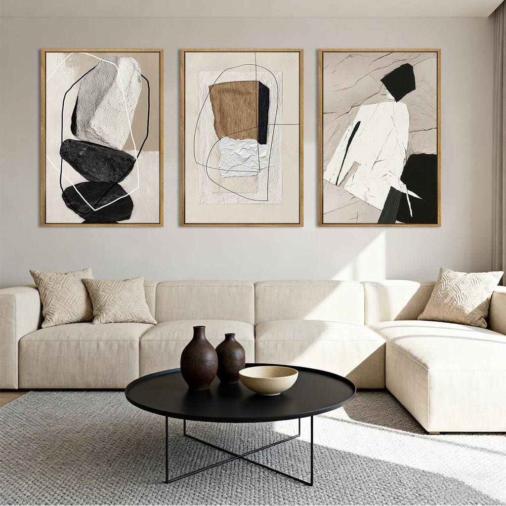 Large Abstract Wall Art Canvas,Black Beige Artwork,Neutral Modern Framed Wall Art, Minimalist Geometric