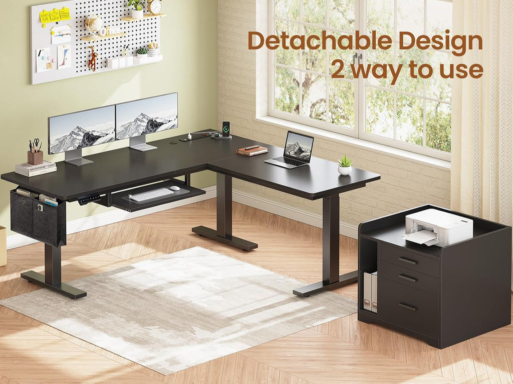 L Shaped Standing Desk with File Cabinet, 3 Drawers, Power Outlet