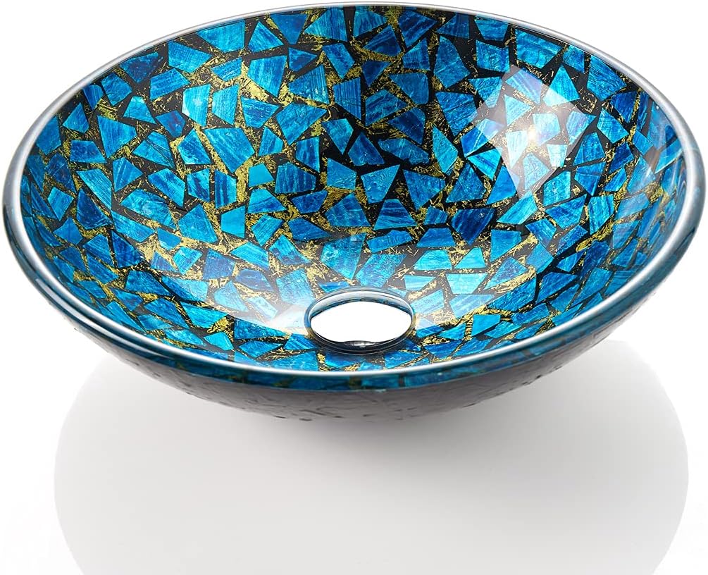 Hyacin Series Round Tempered Mosaic Deco Glass Vessel Bathroom Sink in Starry Blue | Top Mount Sinks Above Countertop