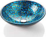 Hyacin Series Round Tempered Mosaic Deco Glass Vessel Bathroom Sink in Starry Blue | Top Mount Sinks Above Countertop