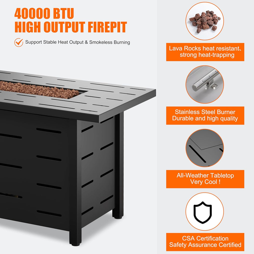44 Inch Propane Fire Pit Table 50,000 BTU with Lid and Waterproof Cover for Outside Patio - Rectangular, Black