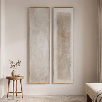 Large Framed Vertical Wall Art, Set of 2 Neutral Beige Abstract Wall Decor