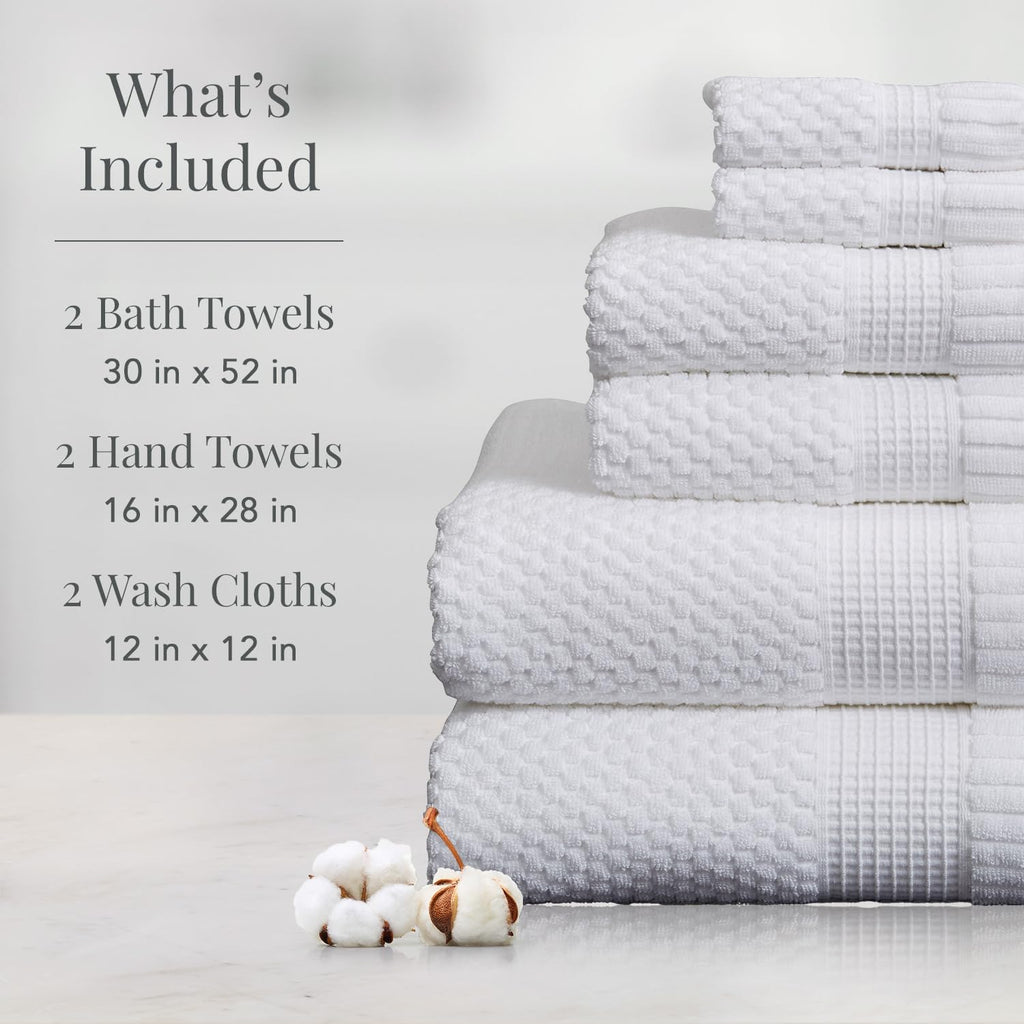 100% Cotton 6-Piece Bath Towel Set | White | Oeko-TEX | Quick-Dry | 30" x 52" Bath Towels | 16" x 28" Hand Towels |