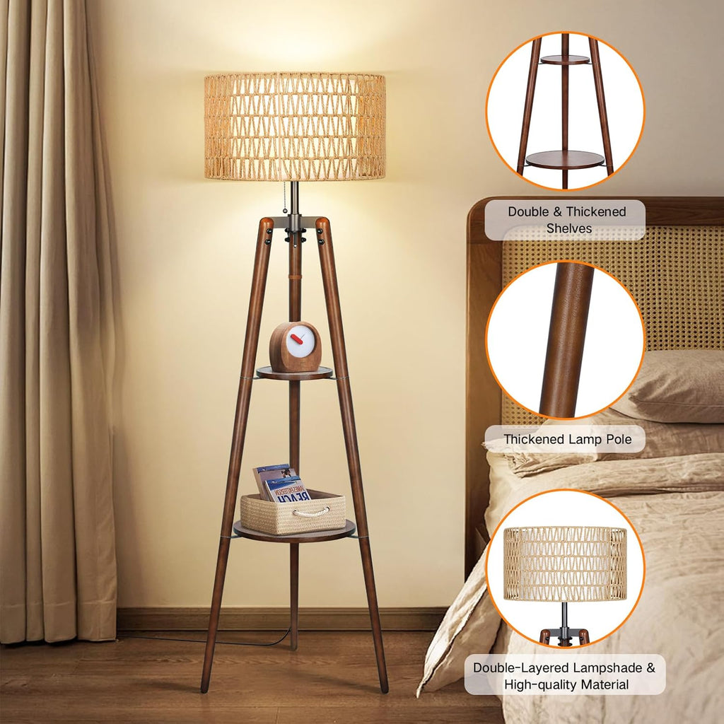 Boho Rattan Tripod Floor Lamp with Shelves, Dimmable Mid Century Modern Standing Lamp with Remote Control