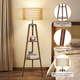 Boho Rattan Tripod Floor Lamp with Shelves, Dimmable Mid Century Modern Standing Lamp with Remote Control