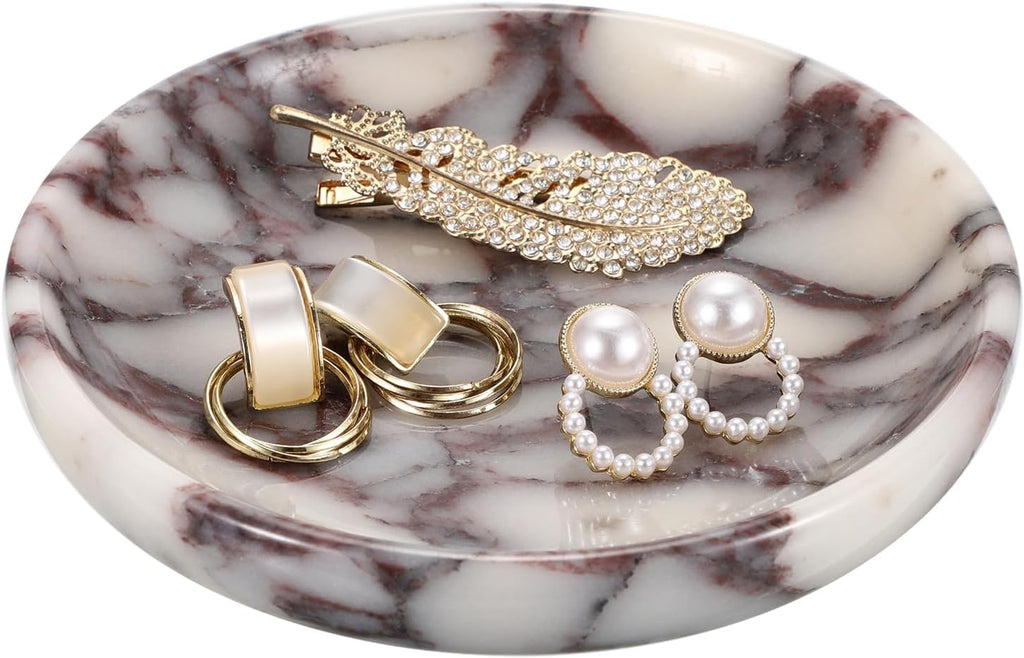 Small Round Key Bowl Table - 5.5" Natural Marble Jewelry Dish Tray Decorative Key Plate Holder Catch All Bowl for