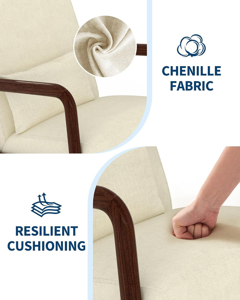 Mid-Century Modern Accent Chair, Chenille Upholstered Armchair with Wood Frame and Lumbar Pillow, Cozy Reading Chair