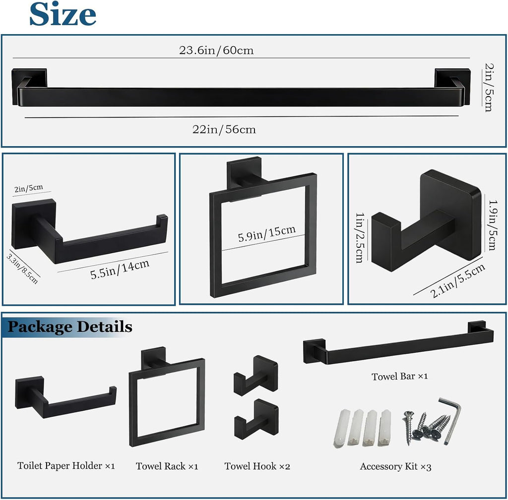 5-Pieces Wall Mount Bathroom Hardware Set,23.6in Towel Bar Set,Matte Black | Waterproof Stainless Steel Bathroom