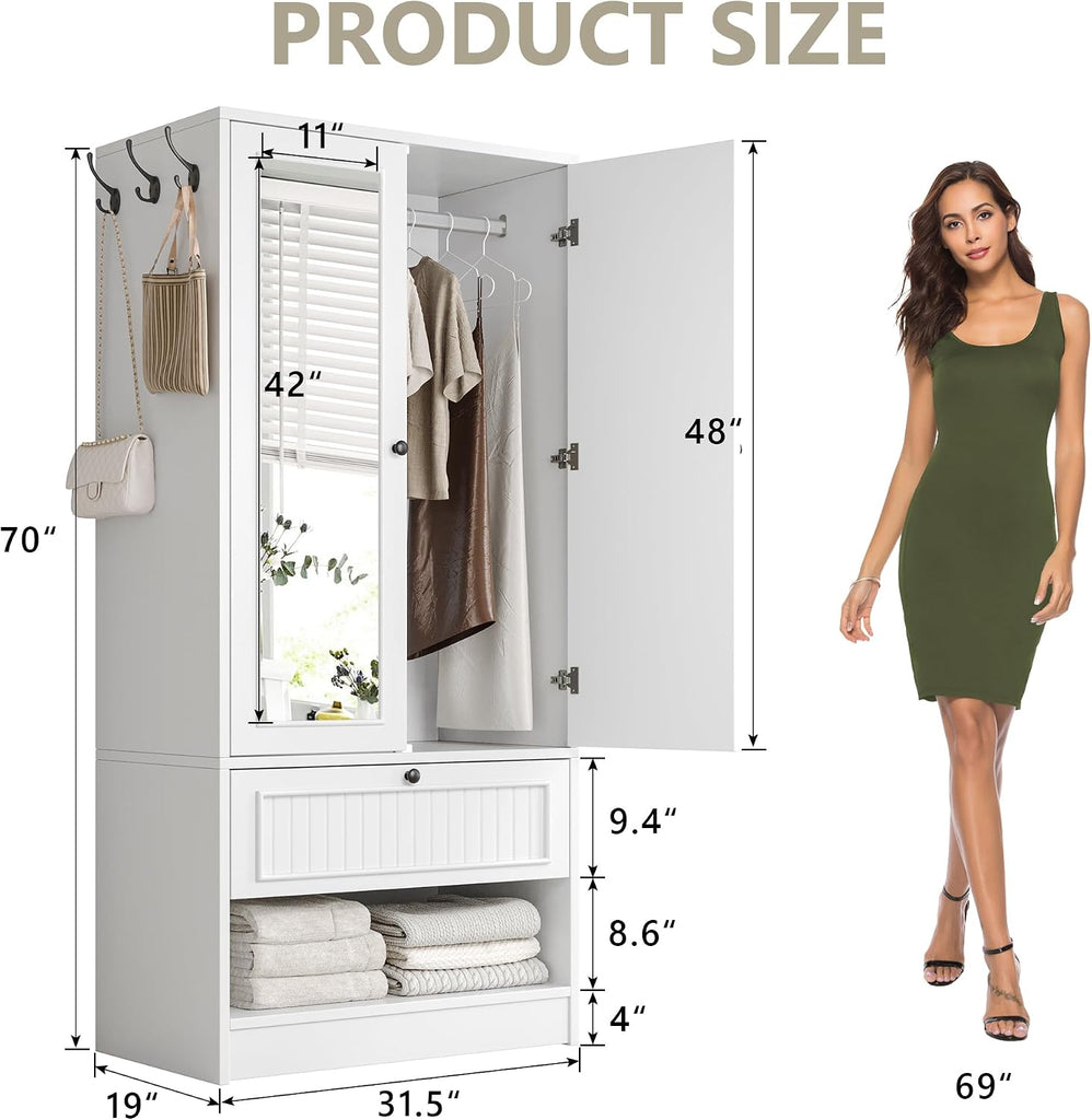 70" Armoire Wardrobe Closet with Doors & Mirror,Wooden Wardrobe with Drawers and 3 Side Hooks,Large Freestanding