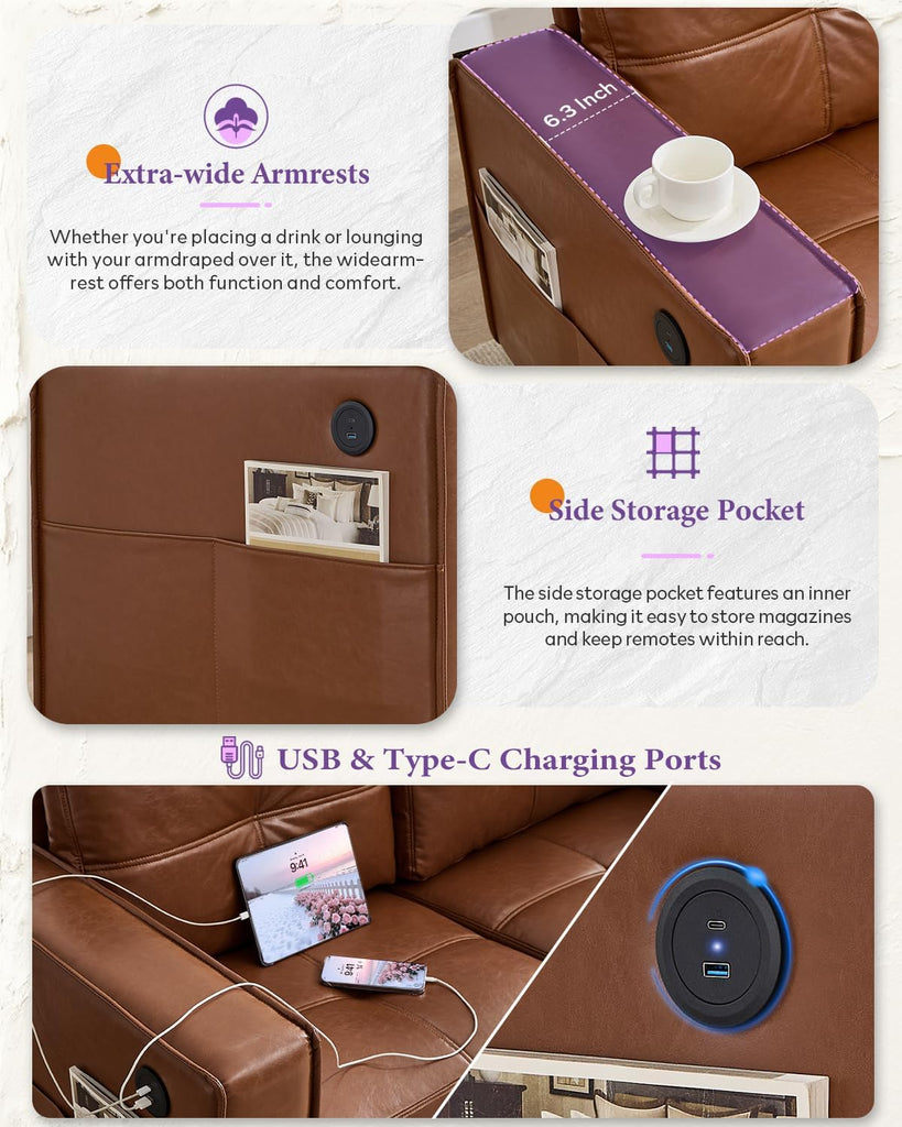 Brown Leather Sofa Couch Sectional Couches , Comfy Sofas with USB USB & Type C Charger, Home Office 3 Piece Living