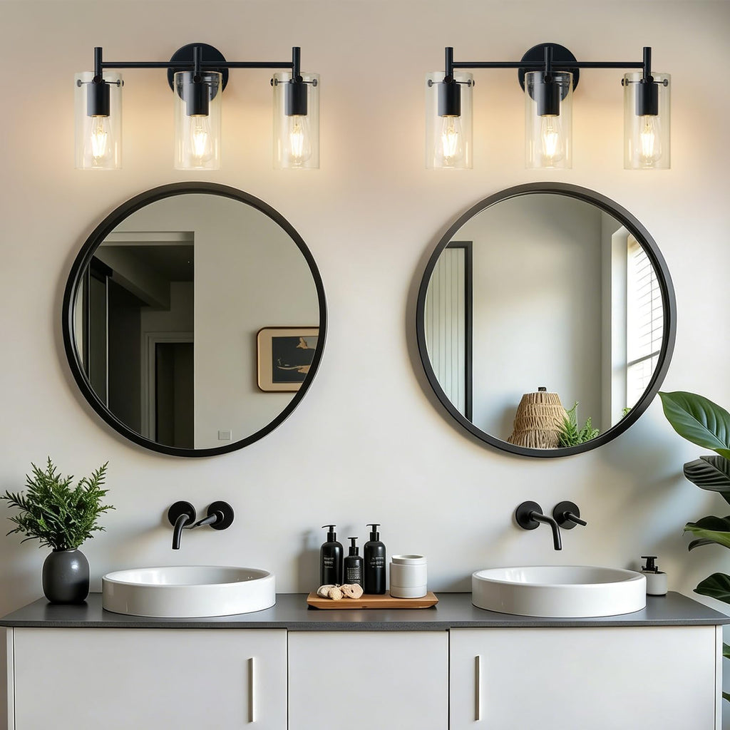 Bathroom Light Fixtures, 3-Light Matte Black Vanity Light, Black Bathroom Lights Over Mirror with Clear Glass Shade