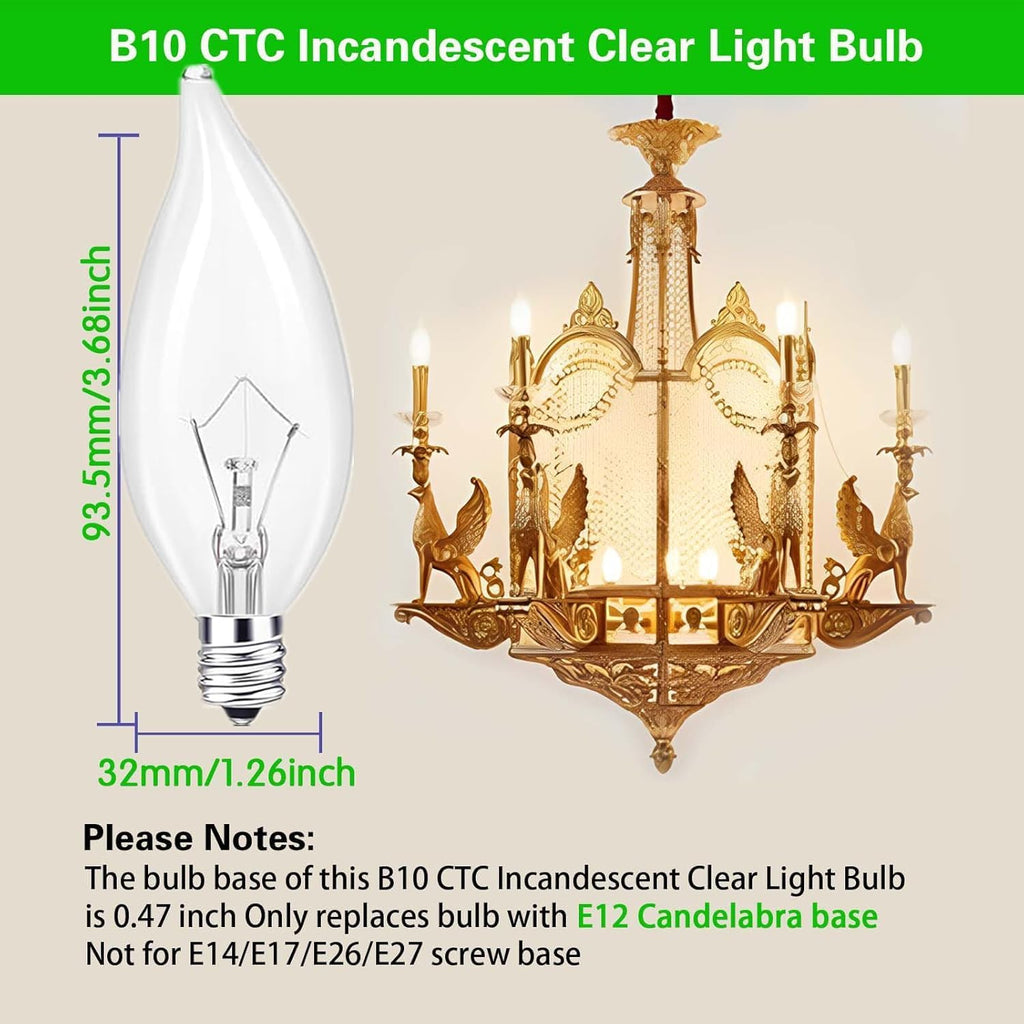 E12 Candle Light Bulbs,40W Candelabra, E12 B10 Clear Candle Base Bulb with Warm White 2700K, 600 Lumen Dimmable