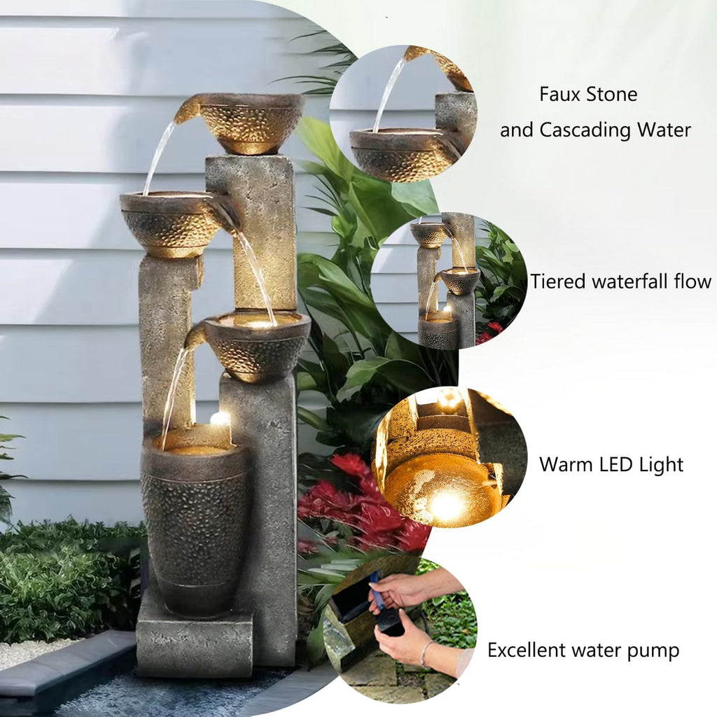 40''H Water Fountain Outdoor Decor, 4-Tier Crocks Fountains for Outsides with LED Lights, Indoor Waterfalls Fountain