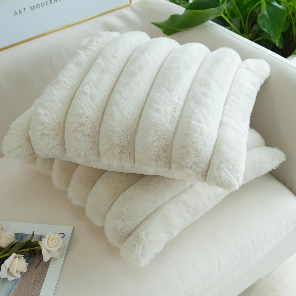 Pack of 2 Faux Fur Plush Decorative Throw Pillow Covers Couch Cushion Case Soft Fluffy Pillowcases Wide Stripe