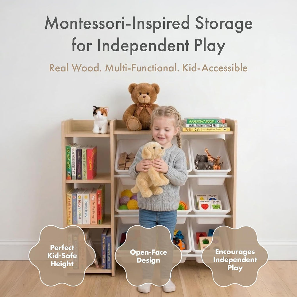 Kids Toy Storage Organizer with Bookshelf, 9 Bins, Solid Wood | Built in side bookshelf, removable bins, solid
