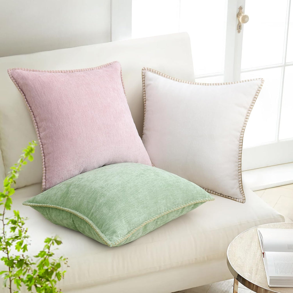 Summer Chenille Soft Cozy Throw Pillow Covers 26x26 Set of 2, Modern Farmhouse Boho Velvet Decorative Euro Sham