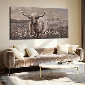 Beige and Brown Highland Cow Canvas Wall Art - 24x48 Inch Framed Large Painting for Rustic Farmhouse Living Room