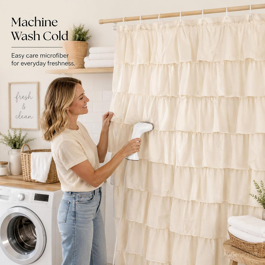 Beige Ruffle Shower Curtain , 72x72, Elegant Ruffled Panle | Soft Cream Color, Cascading Waterfall Ruffles, 72 x 72