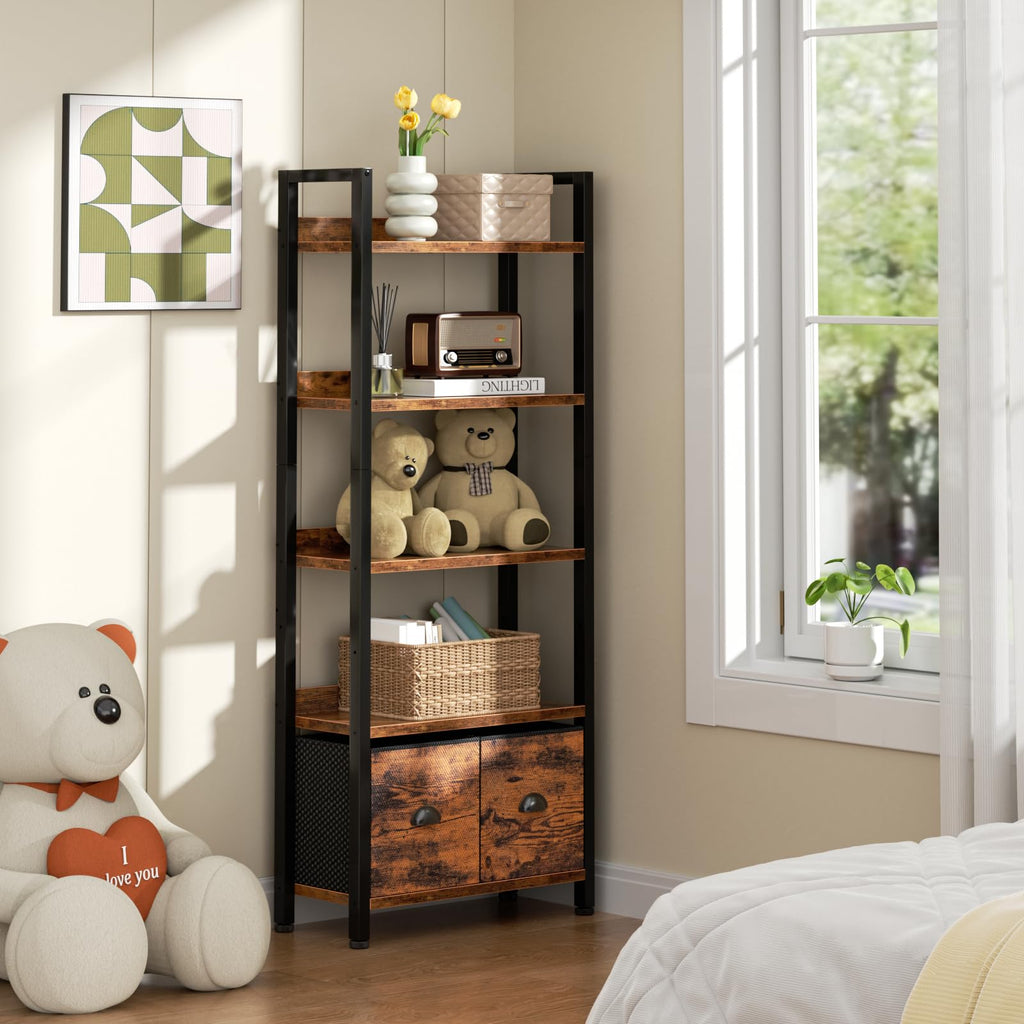 5-Tier Bookshelf, Tall Bookcase with Fabric Drawers, Rustic Brown