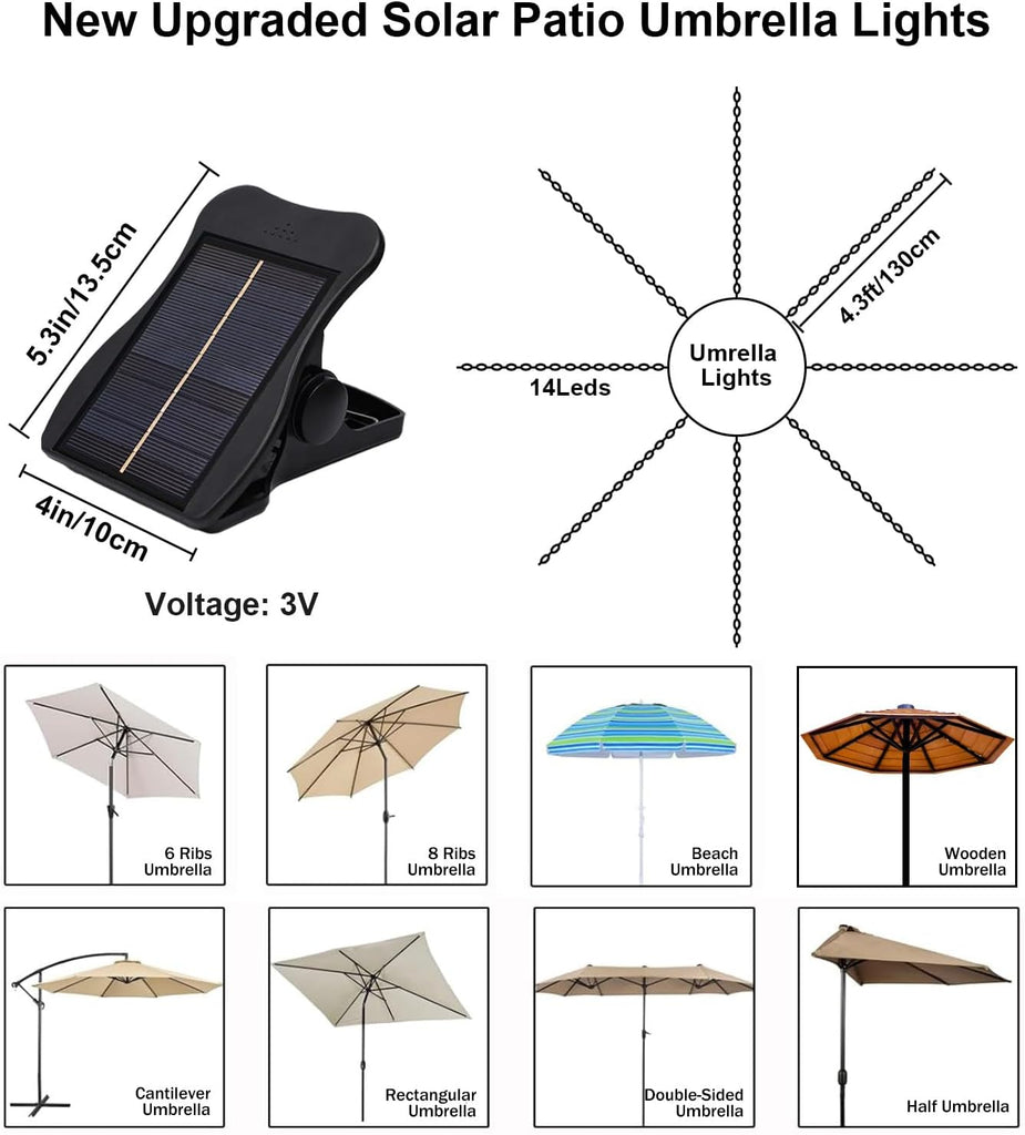 Solar Umbrella Lights, 8 Strands Patio Umbrella Lights Outdoor with 8 Modes 3V Solar Panel Clip 112 Led Outdoor