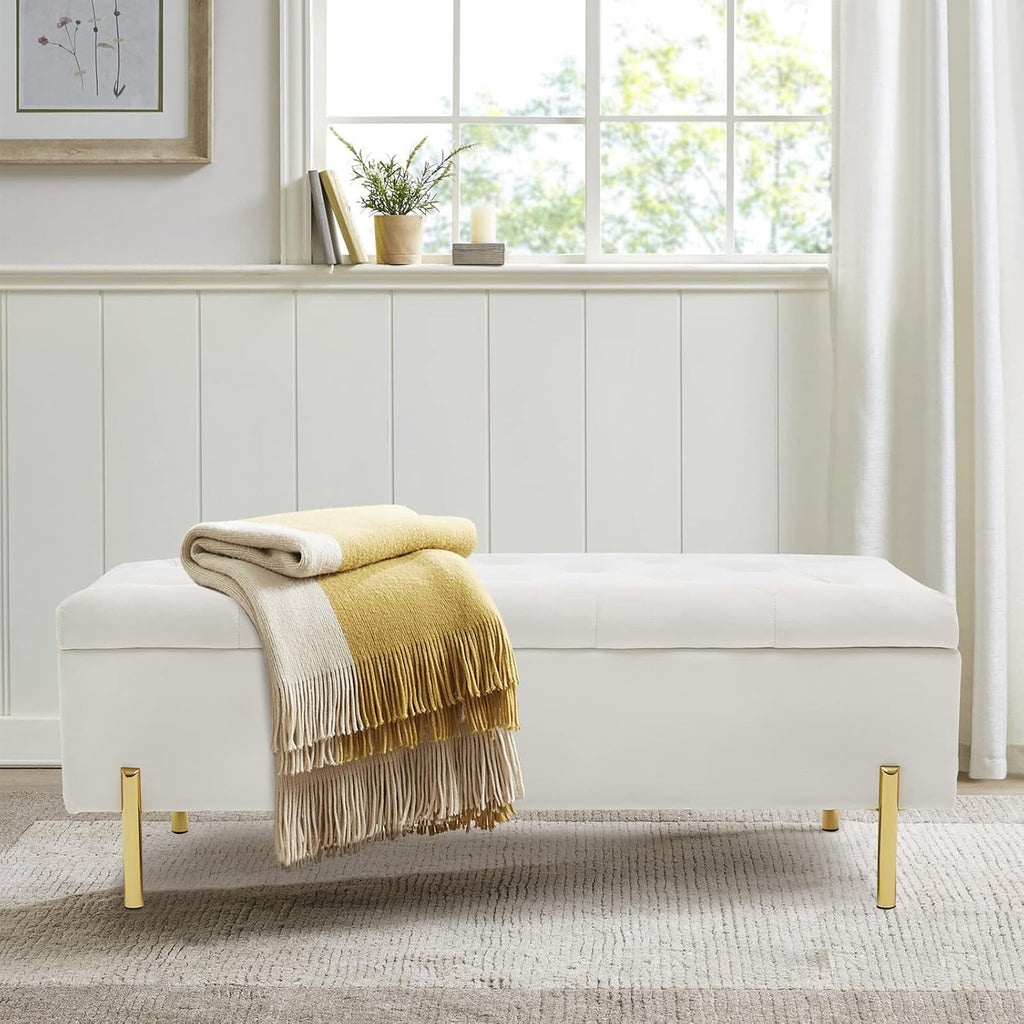 Velvet Storage Bench Ottoman,Versatile Seating with Hidden Storage,End of Bed Bench,Tufted Bench ,Ivory