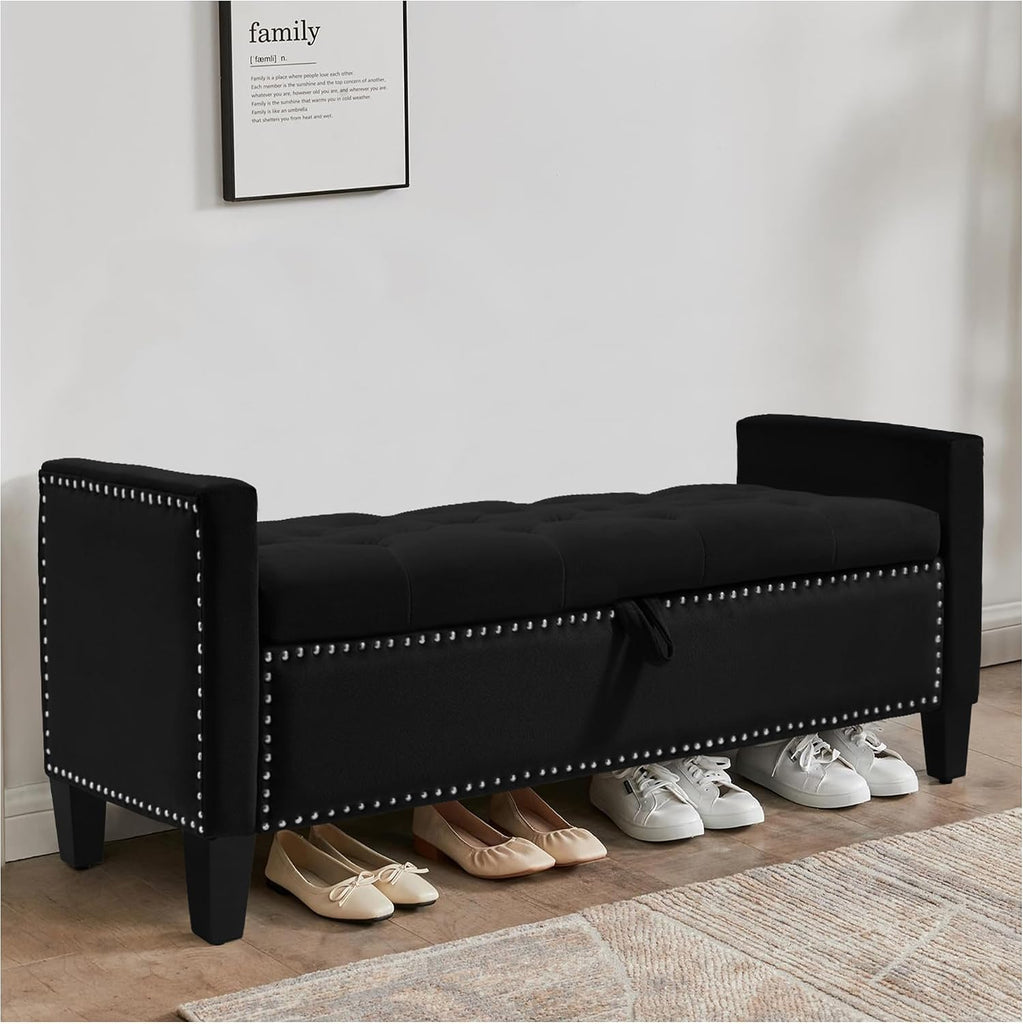 Storage Ottoman Bench, Velvet Upholstered Footstool , Tufted Seat with Storage, Wooden Legs & Metal Rivets, Black