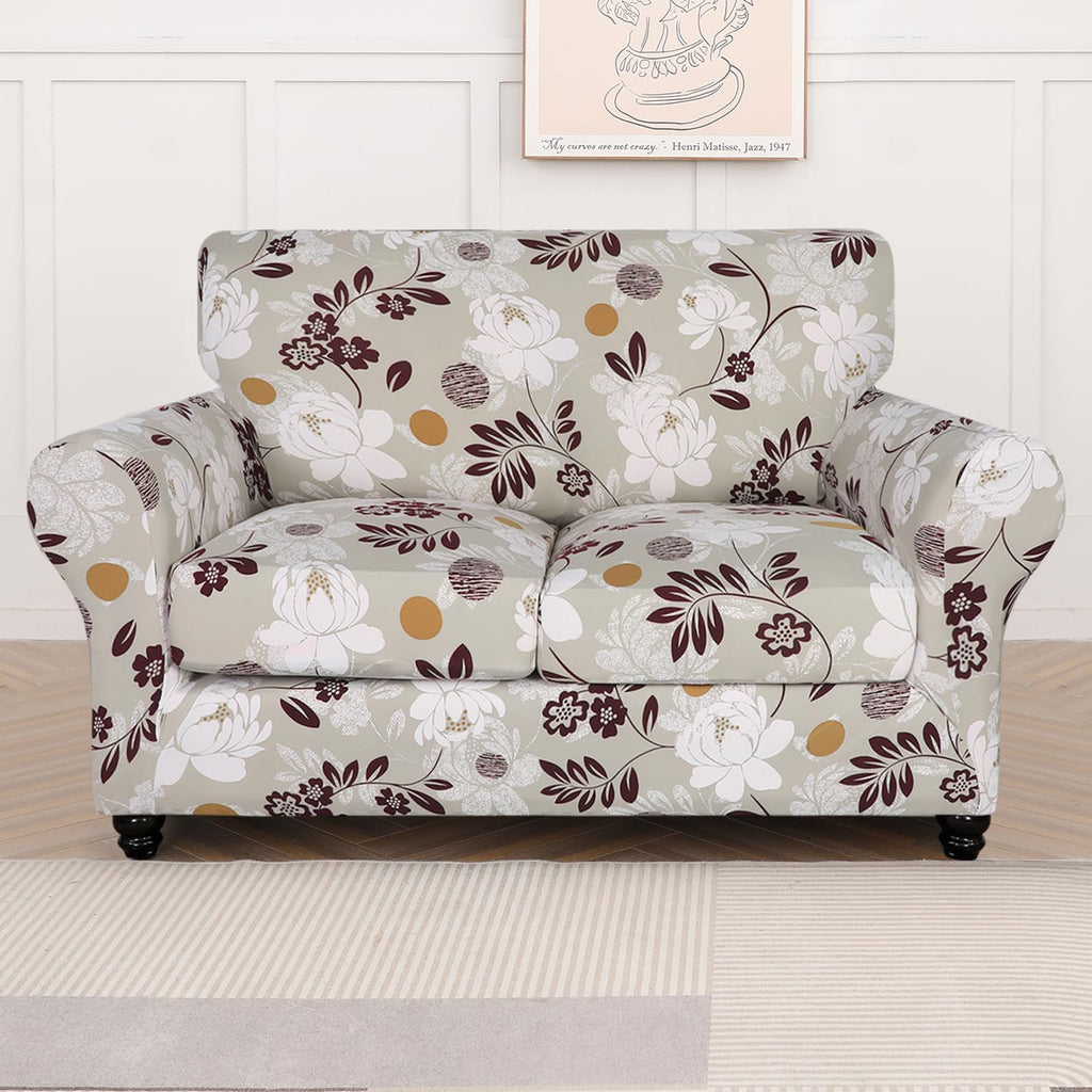 Stretch Sofa Cover Printed Couch Cover, Floral Pattern 3 Pieces Loveseat Slipcover with 2 Separate Cushion Cover