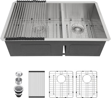 32 Inch Undermount Double Bowl Kitchen Sink 16 Gauge Stainless Steel with Smart Low Divider 32x19 Inch Double Bas