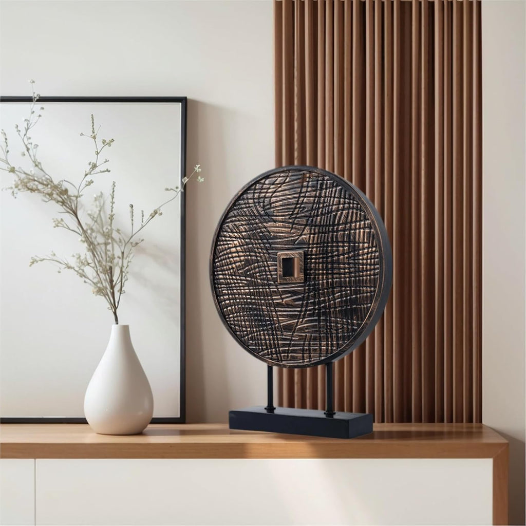 Unique Round Coin Sculpture Decorative Objects for Shelf Home Decor Accents, Modern Abstract Tabletop Decor Items