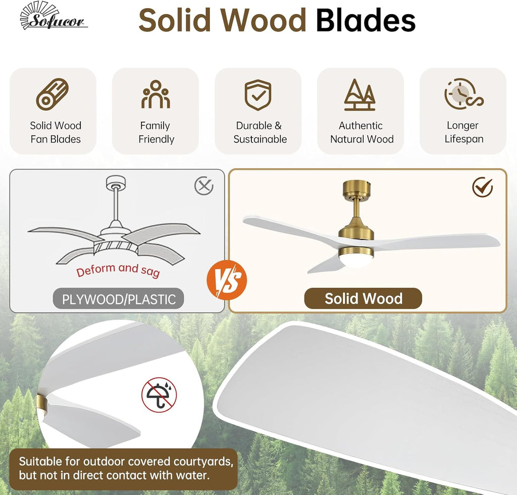 52" Smart Wood Ceiling Fans Lights, Flush Mount & Downrod Mount