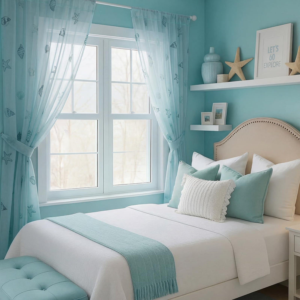2 Panels Blue Ocean Sheer Curtains 84 Inch