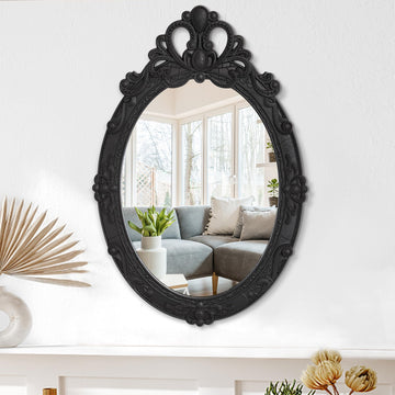 Black Oval Wall Wooden Frame Mirrors Vintage Carved Hanging for Wall Baroque Style Rustic Aesthetic for Wall Home