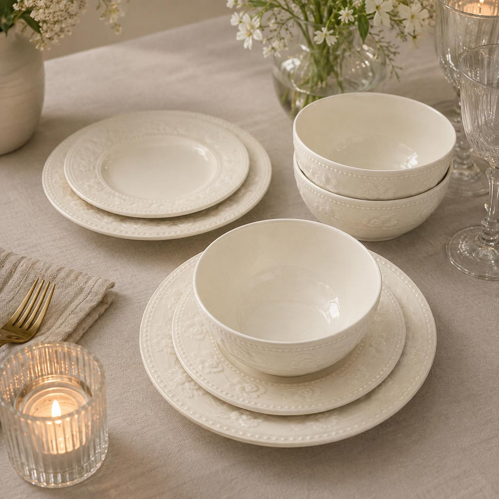 Dinnerware Set for 4, 12 Piece Embossed Porcelain Dinnerware Set, Cream Plates and Bowls Set for Everyday Dining