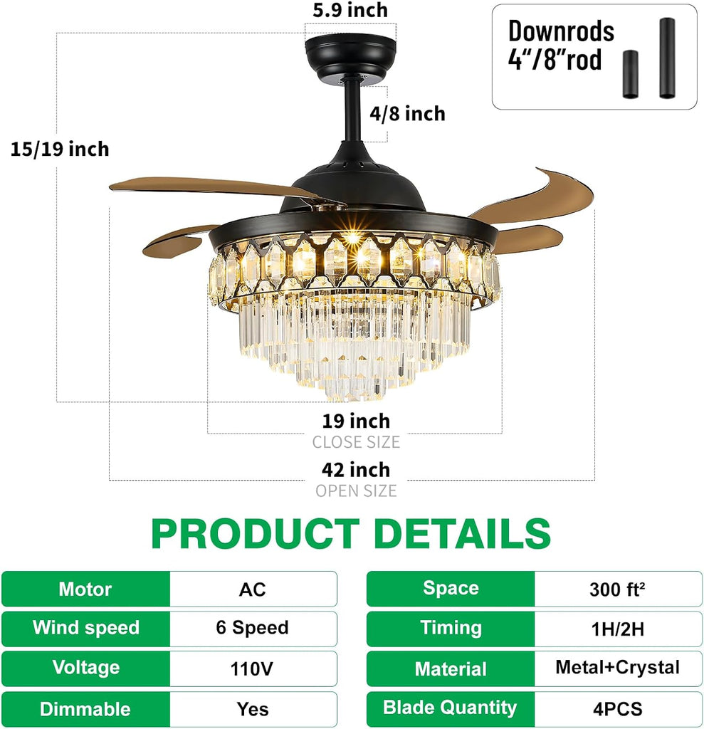 42 Inch Black Fandelier Ceiling Fan with App Remote Control and Bluetooth Speaker