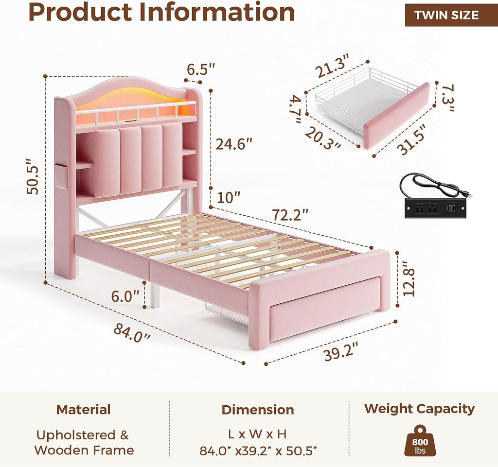 Twin LED Bed Frame with Storage Headboard & 2 Storage Drawers, Princess Velvet Upholstered Bed with Vertical Tufted