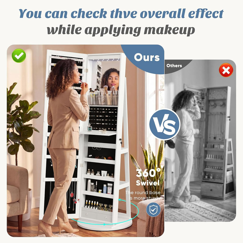 360° Rotating Jewelry Armoire with Full-Length Mirror & LED, Lockable Standing Organizer, Secure Storage