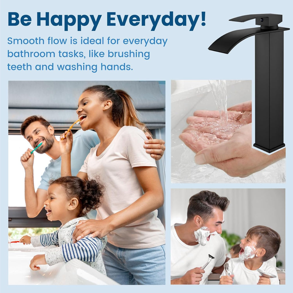 Vessel Sink Faucet, Tall Waterfall Bathroom Faucet, Single Handle One Hole Mixer Bowl Tap with Large Rectangular Spout