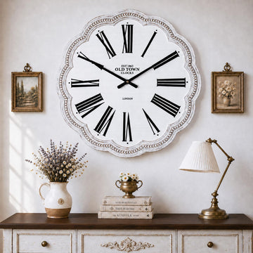 Farmhouse 24 Inch Wall Clock, Large Vintage Wooden Wall Clock with Scalloped Beaded Frame, Silent Non-Ticking Battery
