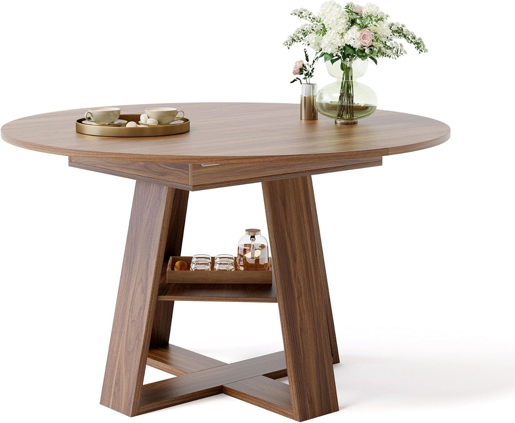 43.3in-59in Extendable Round Dining Table for 4-8 People, Modern Oval Kitchen Table with Storage Shelf & Removable