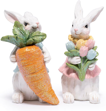 Easter Bunny Decorations Resin Rabbit Figurines with Carrot & Tulip Bouquet, Spring Indoor Decor Bedroom - Set of 2
