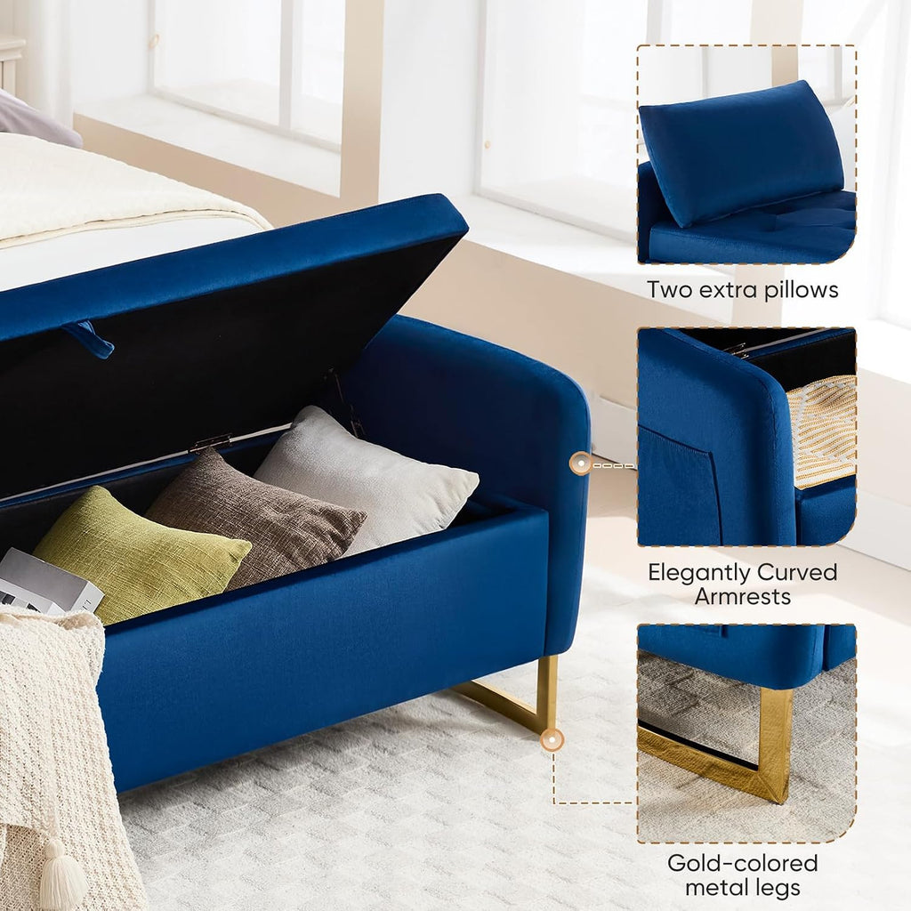 65" Storage Bench , Velvet End of Bed Bench, King Size Bed Benches for Foot with Tufted Button and Gold Legs