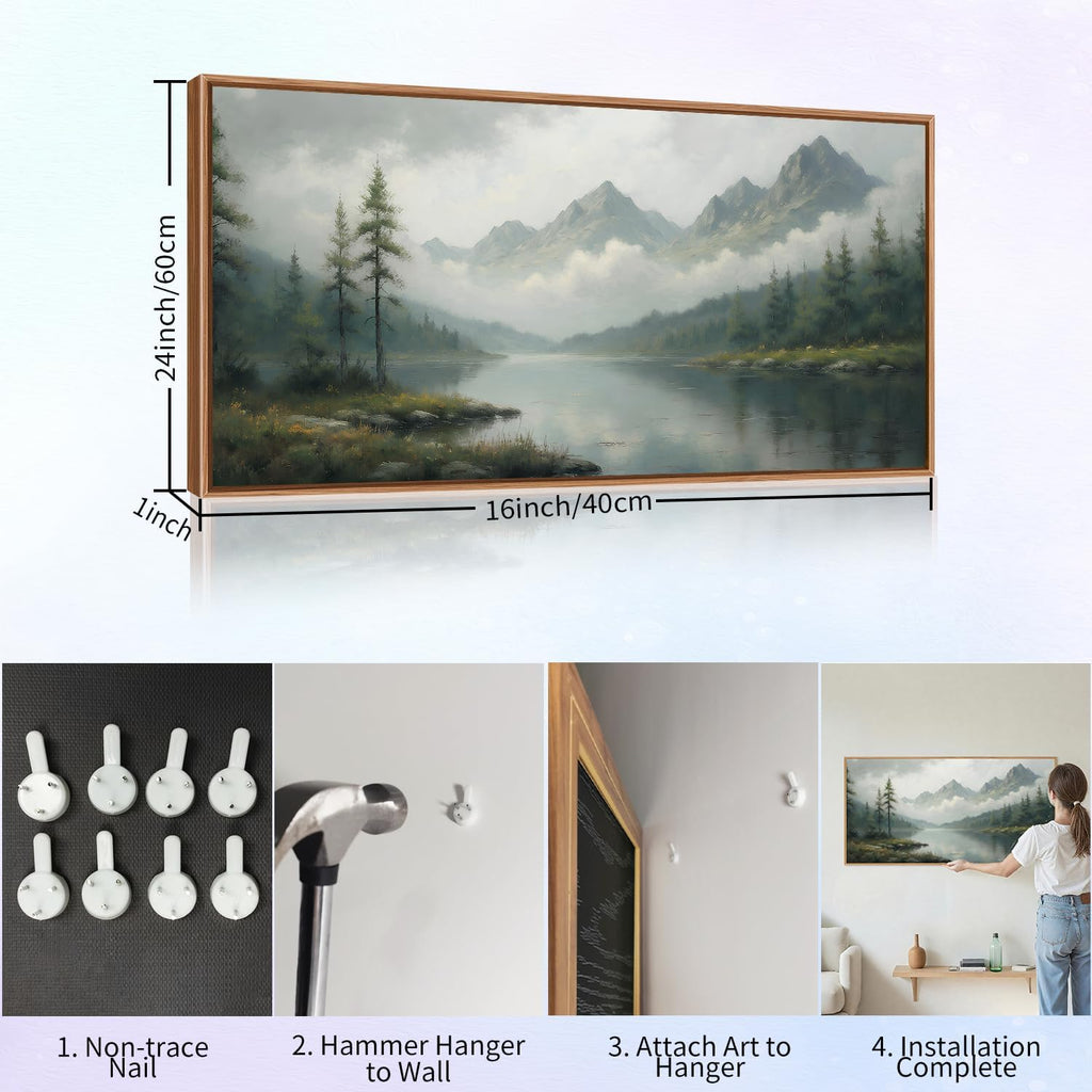 Large Green Forest Framed Canvas Wall Art, Misty Mountain Lake Wall Decor, Modern Foggy Wood Landscape Artwork