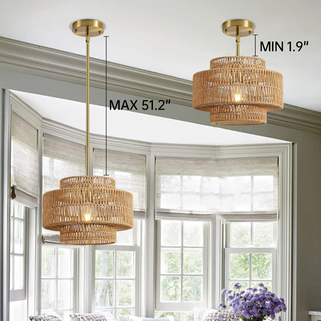 12.4" Boho Rattan Chandelier Light Fixture, 1-Light Hand Woven Pendant Light Fixture Farmhouse Rustic Hanging Lamp