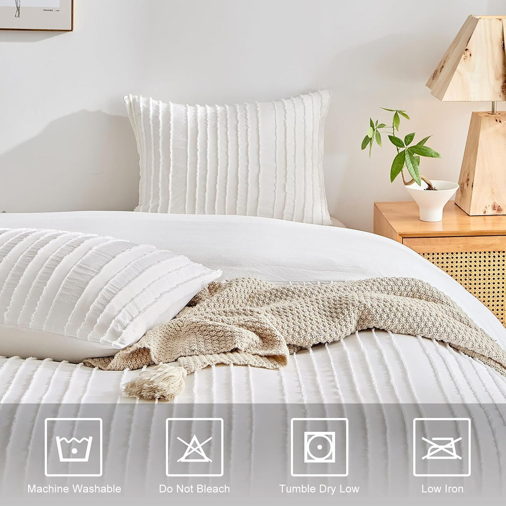 White Boho Duvet Cover Set, Striped Textured Tufted Bedding Set, 3 Pcs Ultra Soft Washed Microfiber with Zipper