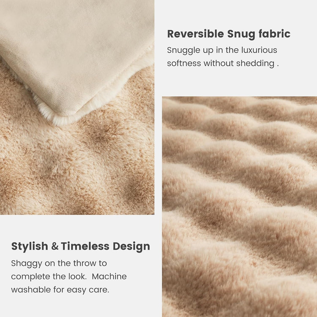 Faux Fur Throw Blanket, Fuzzy Soft Plush Thick Bubble Blanket, 50 * 60 Inches Beige